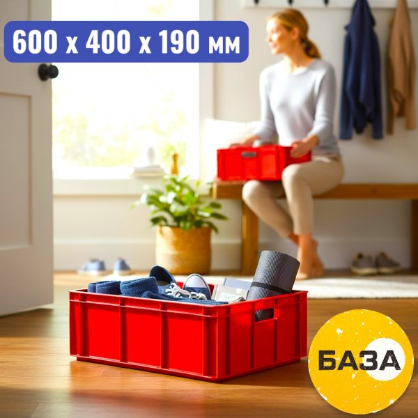 Ящик пластиковый 600 х 400 х 190 мм, (дно и стенки сплошные), красный - купить в Самаре и Тольятти. 