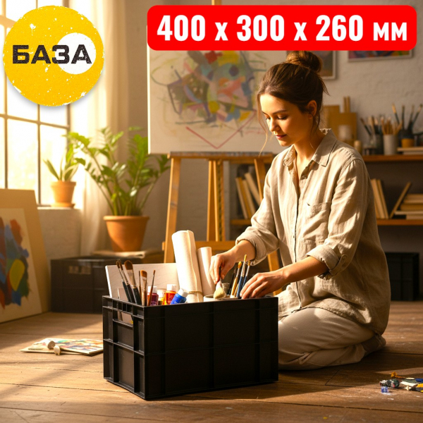 Ящик пластиковый 400 х 300 х 260 мм, "ФинПак" (дно и стенки сплошные), черный - купить в Самаре и Тольятти. 