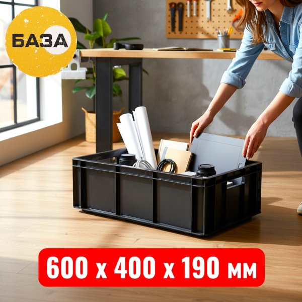 Ящик пластиковый 600 х 400 х 190 мм, (дно и стенки сплошные), черный - купить в Самаре и Тольятти. 